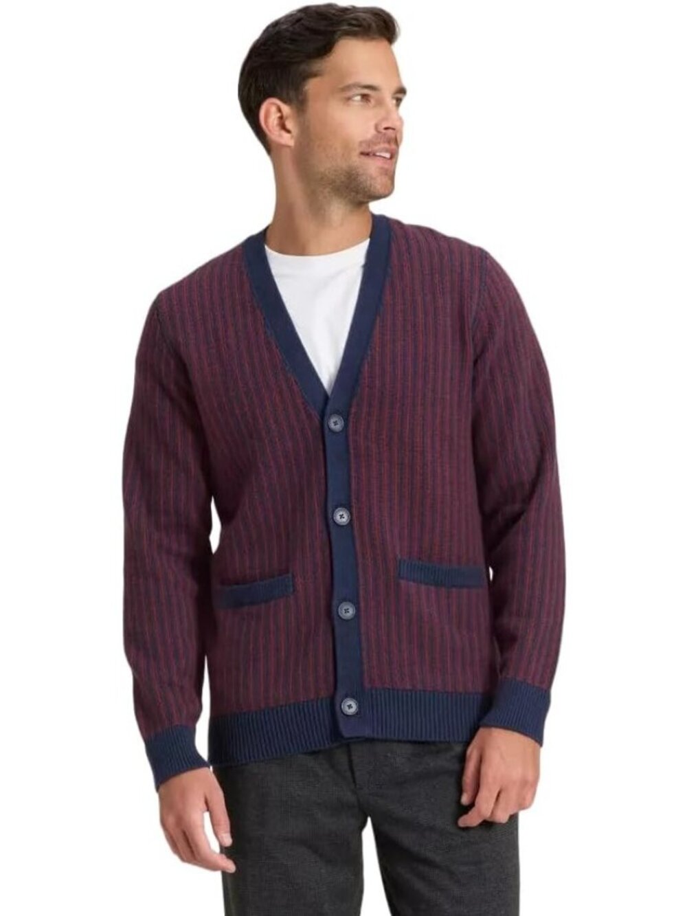 Goodfellow Navy Blue & Red Striped Soft Knit V-Neck Cardigan Sweater -- Size XL